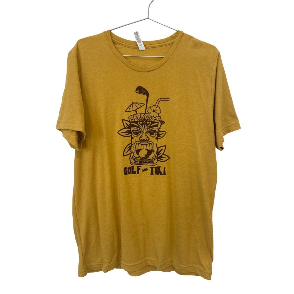 Swing Juice Golf & Tiki Graphic T-Shirt Mens L Mustard Yellow Cotton Blend Tee